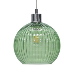 First Choice Lighting Betchley - Green Ribbed Glass Globe With Chrome Pendant Fitting - thumbnail 7