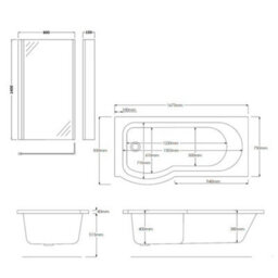 Homestylestore White 1675 X 850mm Bathroom Left Hand Curved P Shape Shower Bath With Screen And End Panel - thumbnail 5