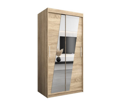 Arte Rhomb Contemporary Mirrored 2 Sliding Door Wardrobe 5 Shelves 2 Rails Oak Sonoma Effect (H)2000mm (W)1000mm (D)620mm - image 1