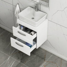 Royal Bathrooms 500mm Wall Hung Vanity Unit 2 Drawer Gloss White & Cube Countertop Basin - thumbnail 1
