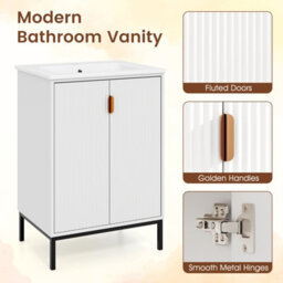 Costway Freestanding Bathroom Vanity Cabinet 600mm Bathroom Vanity W/ Sink-White - thumbnail 4