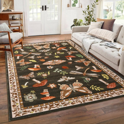London Boutique 120X170Cm Mushroom Butterfly Area Rug, Washable Non-Slip Low Pile Carpet For Nursery, Bedroom, Living Room, Brown