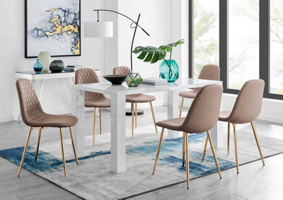 Furniturebox Uk Pivero White High Gloss Dining Table And 6 Cappuccino Beige Corona Gold Chairs Set - image 1