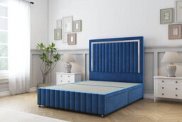"Sloomy Boston Chrome Navy Plush Divan Bed 2 Drawers Foot-End-54"" Floor Standing Headboard 12"" Footboard 4'6 Double" - thumbnail 1