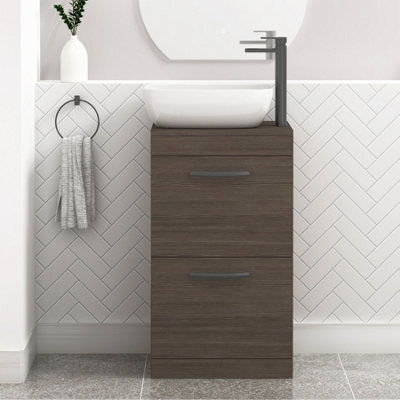 Royal Bathrooms 500mm Floor Standing Vanity Unit 2 Drawer Grey Elm & Countertop Basin - Elva With Matt Black Handle - image 1