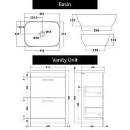 Royal Bathrooms 500mm Floor Standing Vanity Unit 2 Drawer Grey Elm & Countertop Basin - Elva With Matt Black Handle - thumbnail 4