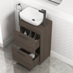 Royal Bathrooms 500mm Floor Standing Vanity Unit 2 Drawer Grey Elm & Countertop Basin - Elva With Matt Black Handle - thumbnail 3