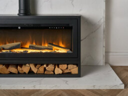 Acantha Pre-Built White Marble Effect Media Wall 3 With Vision Electric Media Stove & Log Store In Black - thumbnail 5