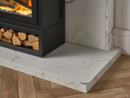Acantha Pre-Built White Marble Effect Media Wall 3 With Vision Electric Media Stove & Log Store In Black - thumbnail 6