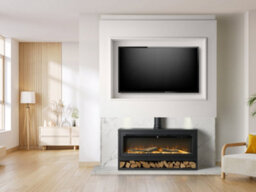 Acantha Pre-Built White Marble Effect Media Wall 3 With Vision Electric Media Stove & Log Store In Black
