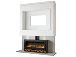 Acantha Pre-Built White Marble Effect Media Wall 3 With Vision Electric Media Stove & Log Store In Black - thumbnail 4