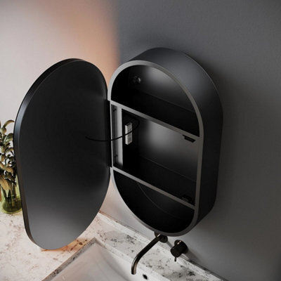 Oval Bathroom Mirror Cabinet With Led Lights Demister Socket Black Storage Cupboard - image 1