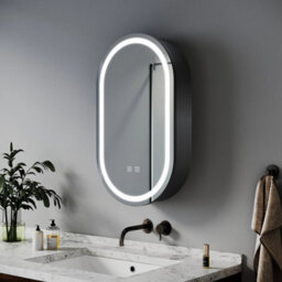 Oval Bathroom Mirror Cabinet With Led Lights Demister Socket Black Storage Cupboard - thumbnail 5