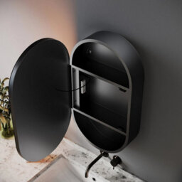 Oval Bathroom Mirror Cabinet With Led Lights Demister Socket Black Storage Cupboard - thumbnail 1