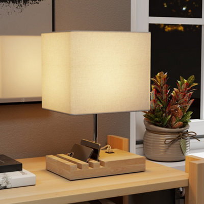 Homcom Table Lamp With 3 Slots, Bedside Lamp With Solid Wood Base, White - image 1