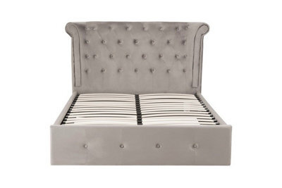 Orsina Elegant Steel Velvet Double Bed, Minimalist Double Bed For Bedroom, Velvet Upholstered Stud Detail Bed - image 1