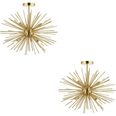 Loops 2 Pack Satin Brass Semi Flush Low Ceiling Light - Multi Arm Lamp - 6 X 3W Led G9 - image 1