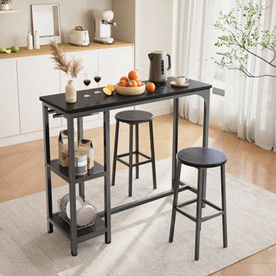Bealife Bar Table And Stools Set Of 2, 120Cm Industrial Storage Shelf & Glass Holder, Black - image 1