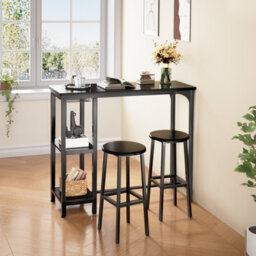 Bealife Bar Table And Stools Set Of 2, 120Cm Industrial Storage Shelf & Glass Holder, Black - thumbnail 7