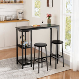Bealife Bar Table And Stools Set Of 2, 120Cm Industrial Storage Shelf & Glass Holder, Black - thumbnail 6