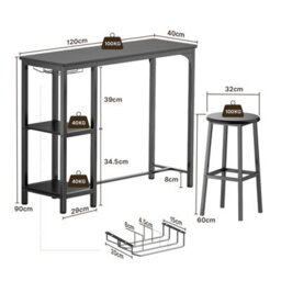 Bealife Bar Table And Stools Set Of 2, 120Cm Industrial Storage Shelf & Glass Holder, Black - thumbnail 3