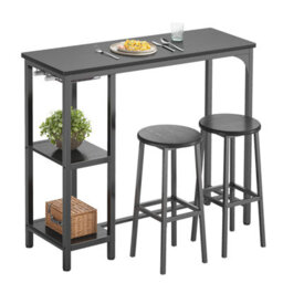 Bealife Bar Table And Stools Set Of 2, 120Cm Industrial Storage Shelf & Glass Holder, Black - thumbnail 2