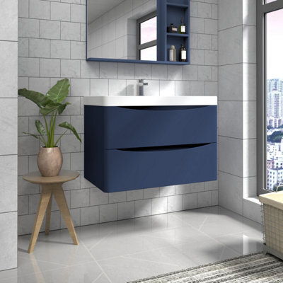 Sundaze 800mm Matt Blue 2 Drawer Wall Hung Vanity Bathroom Cabinet & Basin Set - image 1