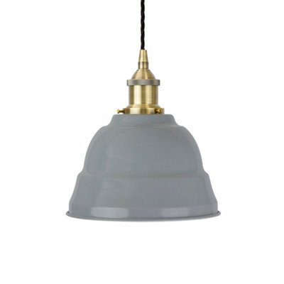 French Grey Lincoln Painted Dome Pendant Light With Antique Brass Lamp Holder And Black Twisted Cable - Se Home - image 1