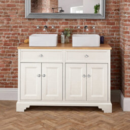 Homestylestore 1210mm Antique White And Oak Bathroom Vanity Unit With Square Countertop Basins And Chrome Round Handles - thumbnail 3