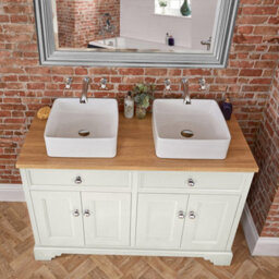 Homestylestore 1210mm Antique White And Oak Bathroom Vanity Unit With Square Countertop Basins And Chrome Round Handles - thumbnail 2