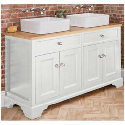 Homestylestore 1210mm Antique White And Oak Bathroom Vanity Unit With Square Countertop Basins And Chrome Round Handles - thumbnail 1