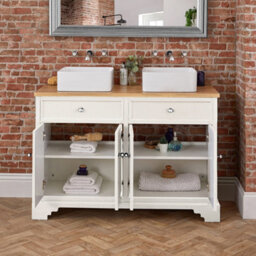 Homestylestore 1210mm Antique White And Oak Bathroom Vanity Unit With Square Countertop Basins And Chrome Round Handles - thumbnail 4