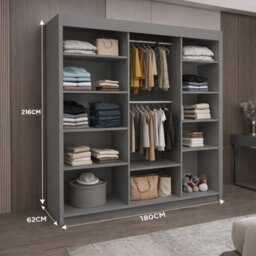 Ie Oslo Wardrobe With Rails & Shelves Sliding Door Wardrobe ( Black, 180 Cm ) - thumbnail 3