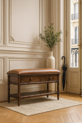 Artisan Furniture Solid Wood Bamboo Carved Storage, 2-Drawers, 1 Open-Shelf, Upholstered Tan And Brown - image 1