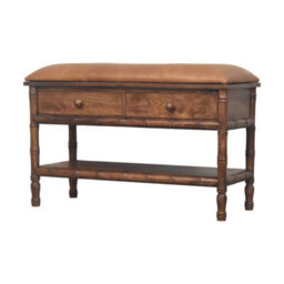 Artisan Furniture Solid Wood Bamboo Carved Storage, 2-Drawers, 1 Open-Shelf, Upholstered Tan And Brown - thumbnail 4