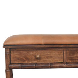 Artisan Furniture Solid Wood Bamboo Carved Storage, 2-Drawers, 1 Open-Shelf, Upholstered Tan And Brown - thumbnail 5