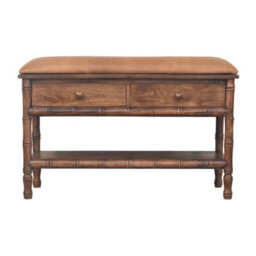 Artisan Furniture Solid Wood Bamboo Carved Storage, 2-Drawers, 1 Open-Shelf, Upholstered Tan And Brown - thumbnail 2