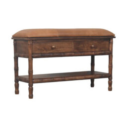 Artisan Furniture Solid Wood Bamboo Carved Storage, 2-Drawers, 1 Open-Shelf, Upholstered Tan And Brown - thumbnail 3