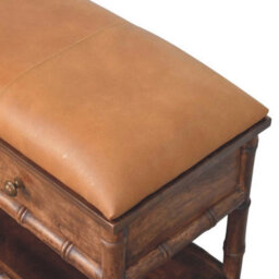 Artisan Furniture Solid Wood Bamboo Carved Storage, 2-Drawers, 1 Open-Shelf, Upholstered Tan And Brown - thumbnail 6