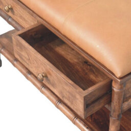 Artisan Furniture Solid Wood Bamboo Carved Storage, 2-Drawers, 1 Open-Shelf, Upholstered Tan And Brown - thumbnail 7