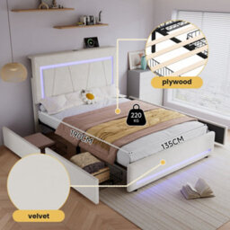 Merax 4Ft6 Double Bed 135X190 Cm, Velvet Storage Bed With 4 Drawers, Led, Adjustable Headboard & Usb, Beige - thumbnail 5