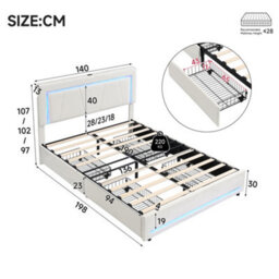Merax 4Ft6 Double Bed 135X190 Cm, Velvet Storage Bed With 4 Drawers, Led, Adjustable Headboard & Usb, Beige - thumbnail 4