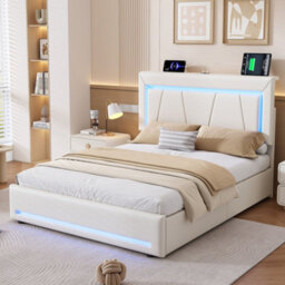 Merax 4Ft6 Double Bed 135X190 Cm, Velvet Storage Bed With 4 Drawers, Led, Adjustable Headboard & Usb, Beige - thumbnail 1