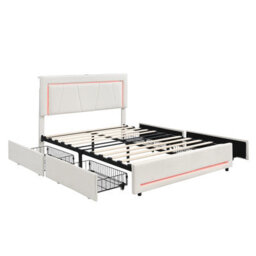 Merax 4Ft6 Double Bed 135X190 Cm, Velvet Storage Bed With 4 Drawers, Led, Adjustable Headboard & Usb, Beige - thumbnail 7