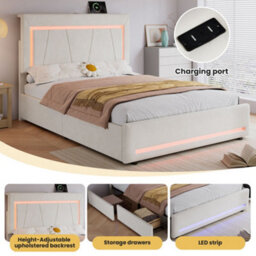 Merax 4Ft6 Double Bed 135X190 Cm, Velvet Storage Bed With 4 Drawers, Led, Adjustable Headboard & Usb, Beige - thumbnail 6