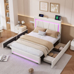 Merax 4Ft6 Double Bed 135X190 Cm, Velvet Storage Bed With 4 Drawers, Led, Adjustable Headboard & Usb, Beige - thumbnail 3