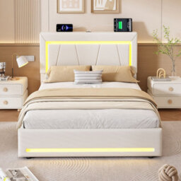 Merax 4Ft6 Double Bed 135X190 Cm, Velvet Storage Bed With 4 Drawers, Led, Adjustable Headboard & Usb, Beige - thumbnail 2