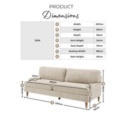 Furniturebox Uk Bernie Beige Chenille Fabric 3 Seater Sofa - thumbnail 2