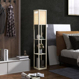 Homcom Modern Floor Lamp Light With 3 Shelves Fabric Lampshade Oak