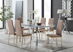 Furniturebox Uk Enna White Glass Extending Dining Table And 6 Cappuccino Gold Leg Milan Chairs